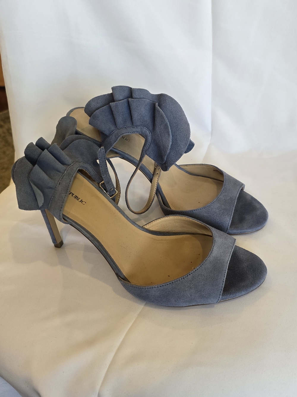 Banana Republic Dusty Blue Suede Open-Toe Heels with Ruffle Ankle Strap